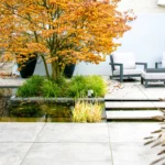 Eine Metropolitan Terrasse mit einem Teich in der Mitte